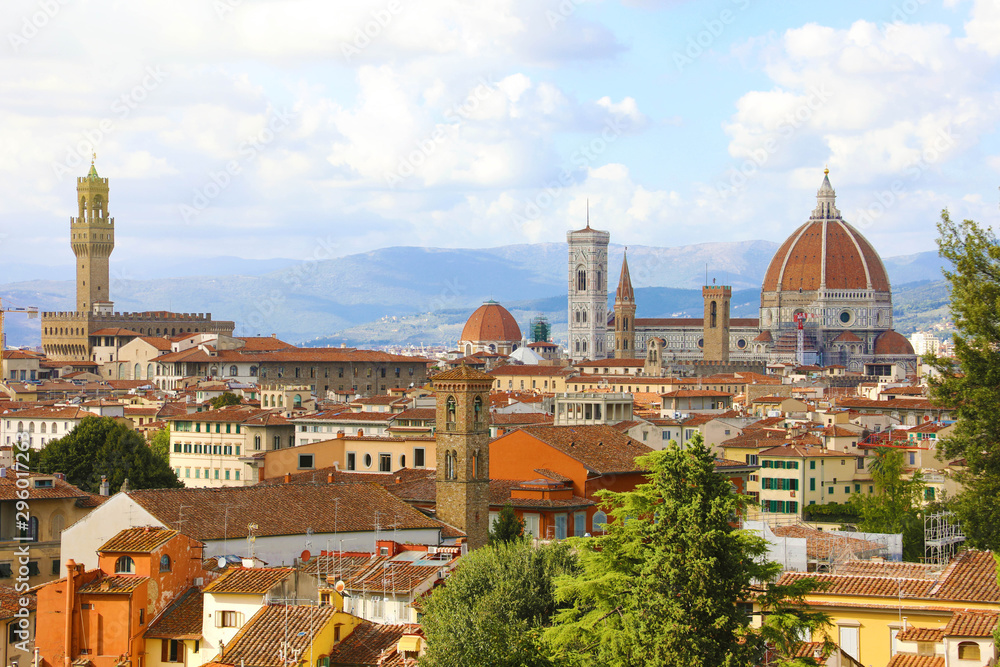 Panoramic view of the city of Florence with Palazzo Vecchio palace and Cathedral of Santa Maria del Fiore (Duomo), Florence, Tuscany, Italy.