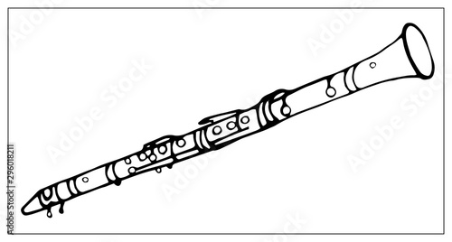 Vector greeting card with clarinet. Linear hand drawn illustration.