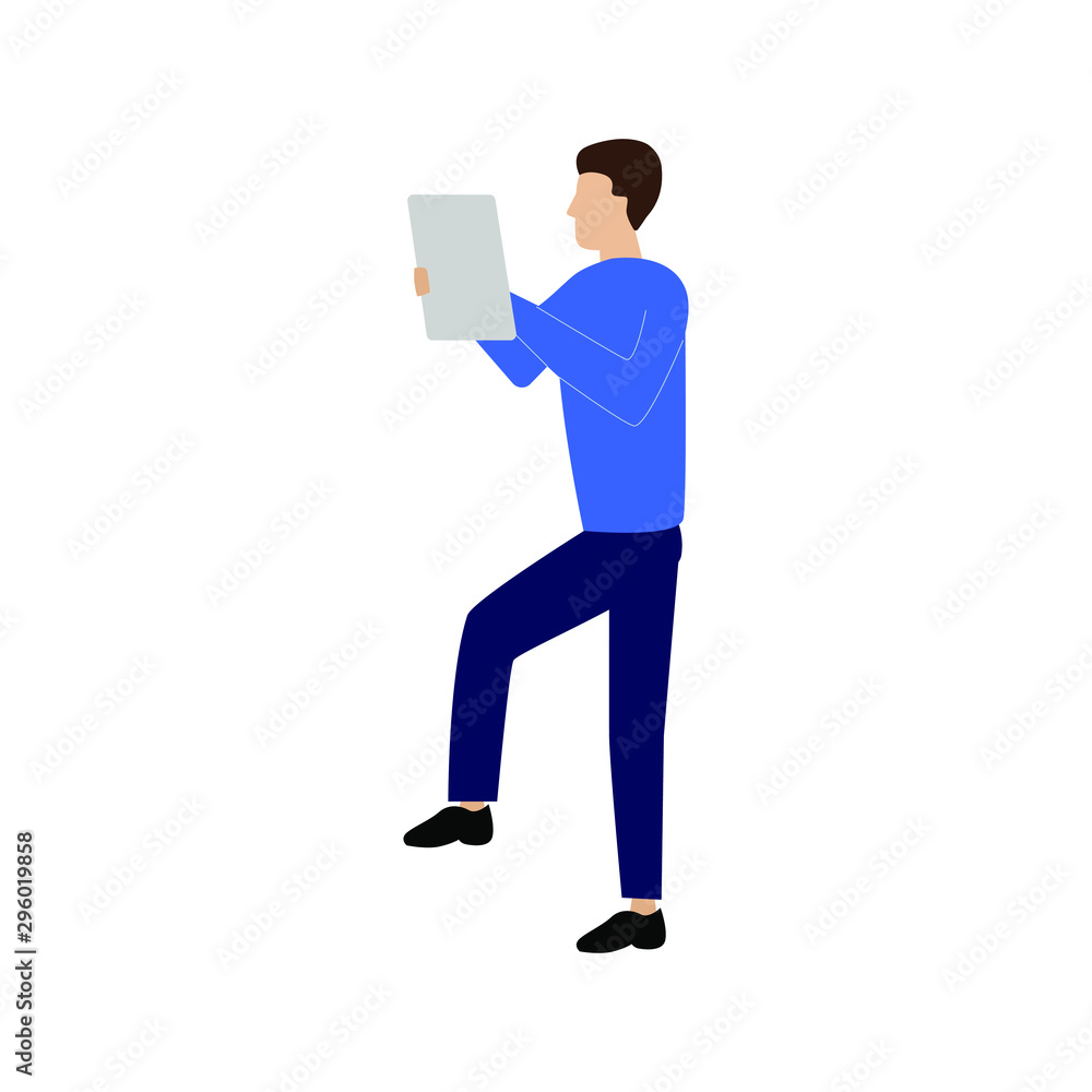 Man sitting with a tablet Flat cartoon character isolated on white background Man sitting with a tablet Flat cartoon character isolated on white background