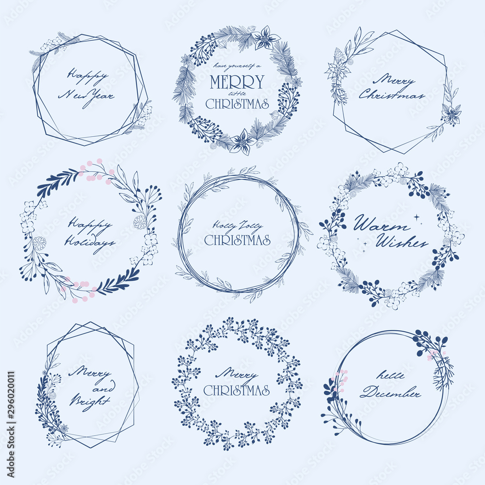 Collection of Christmas wreath with winter plant. Set for Holiday Greeting card. Editable vector illustration. Collection of Christmas wreath with winter plant. Set for Holiday Greeting card. Editable vector illustration.