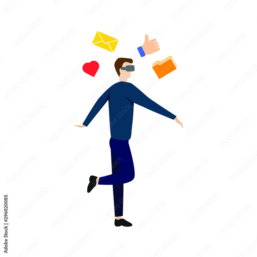 The man with the virtual reality glasses. Flat cartoon character isolated on white background. The man with the virtual reality glasses. Flat cartoon character isolated on white background.
