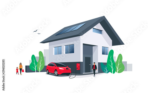 Red electric car parking charging at home wall box charger station on house with a man. Renewable energy solar panels on roof. Family living with ev. Isolated vector illustration on white background. 