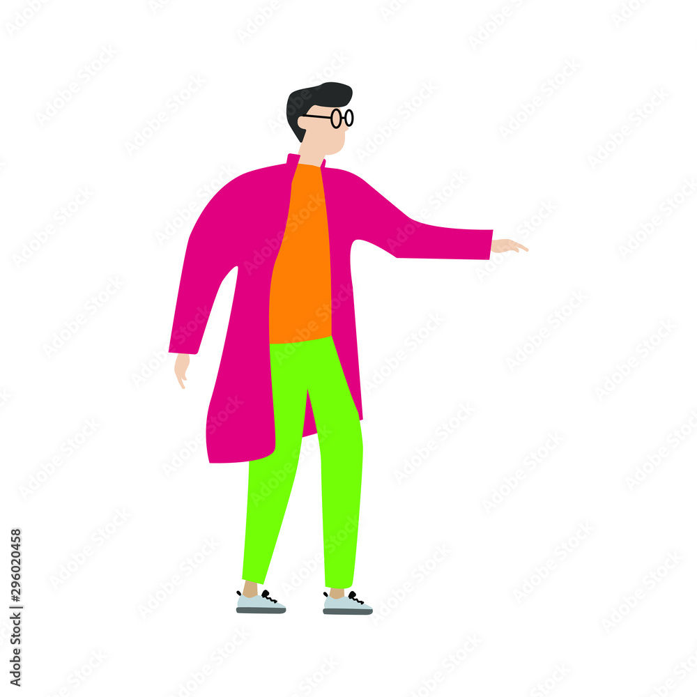The man with glasses.Flat cartoon character isolated on white background. The man with glasses.Flat cartoon character isolated on white background.