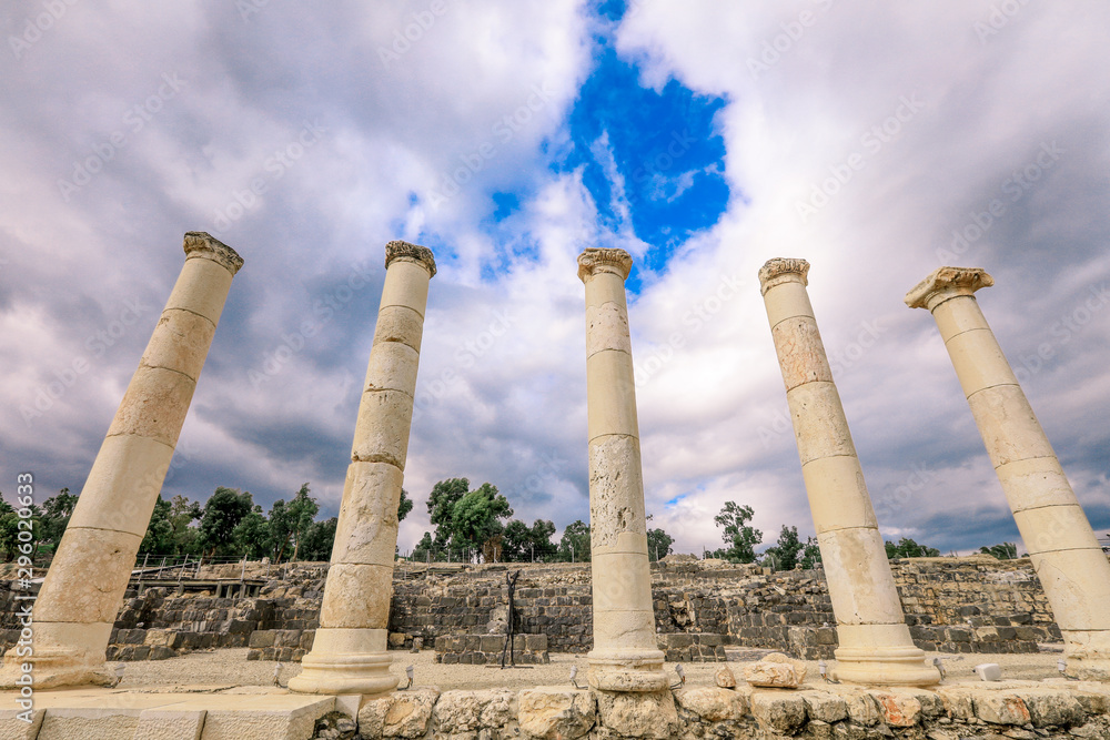 Amazing View to the Ancient Roman Columns in the Beit She'an Park, Israel