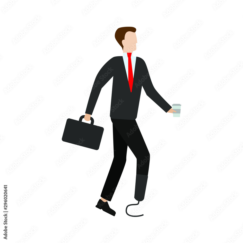 A man with a prosthetic leg. Сharacter for landing pages Flat cartoon character isolated on white background A man with a prosthetic leg. Сharacter for landing pages Flat cartoon character isolated on white background