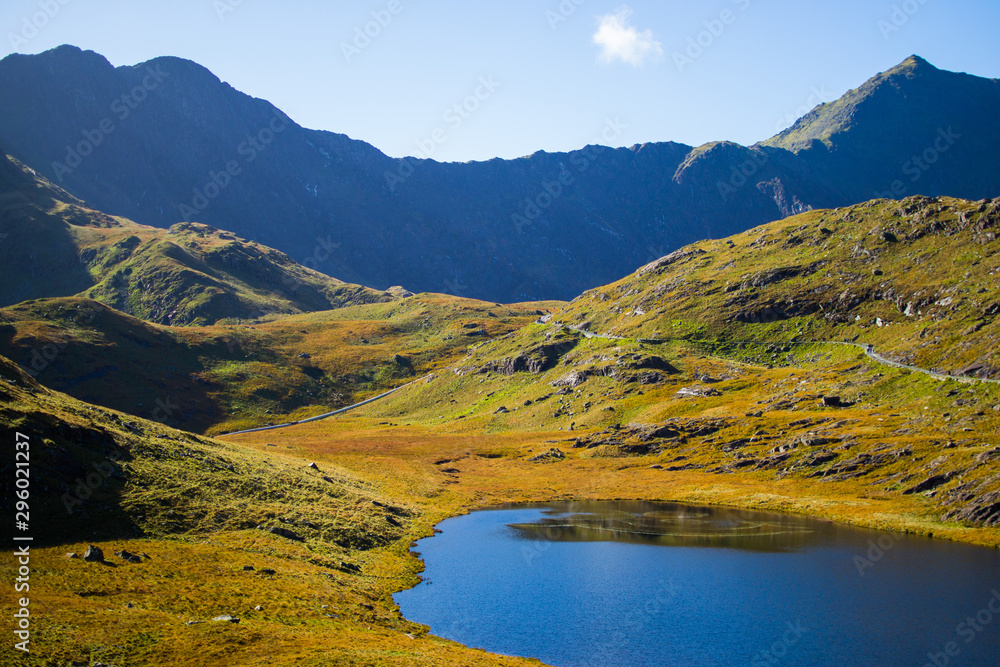 Lake and mountains at the background in Snowdonia National Park in Wales