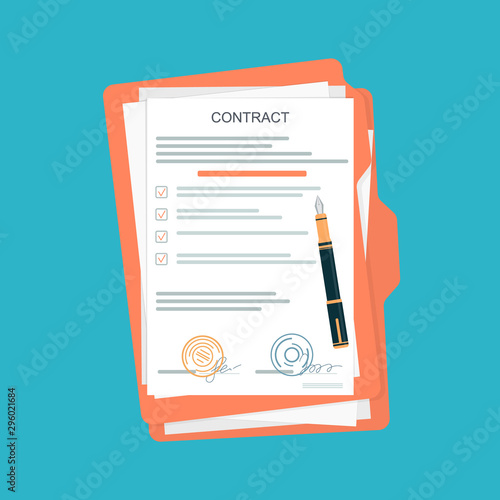 Cartoon Color Contract Papers Document on Clipboard with Pen. Vector