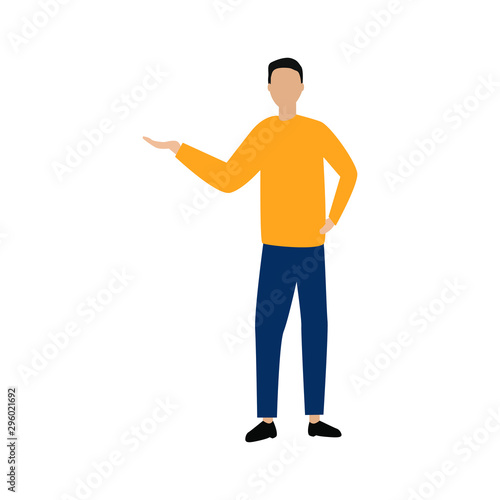 Man with his hand up. Flat cartoon character isolated on white background © Pony 3000