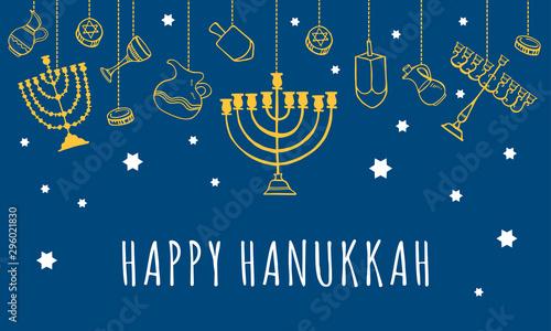 Traditional Hanukkah objects hanging on the top of the page. Greeting card design template. Hand drawn outline sketch illustration