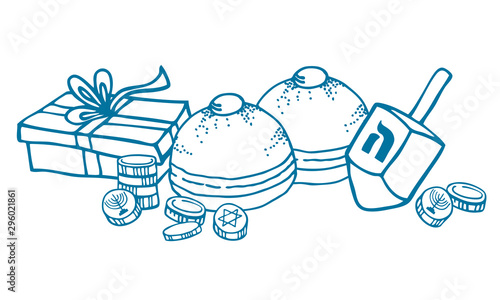 Composition with traditional Hanukkah objects and food. Donuts, coins, dreidel and gift box. Hand drawn outline vector sketch illustration