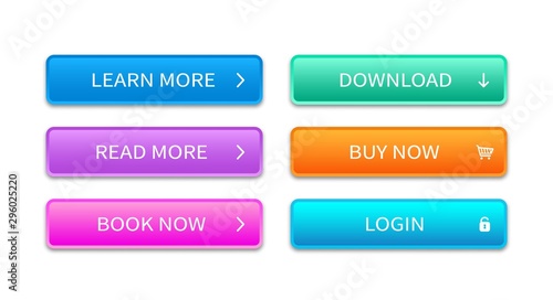 Multicolored rectangular shape web button. Vector concept element for website. Trendy of buttons set for use in web, interface, apps and games.