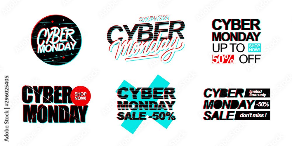 Obraz premium Cyber Monday Sale promotional set with hand lettering for online business, internet commerce, discount shopping and advertising. Vector illustration.