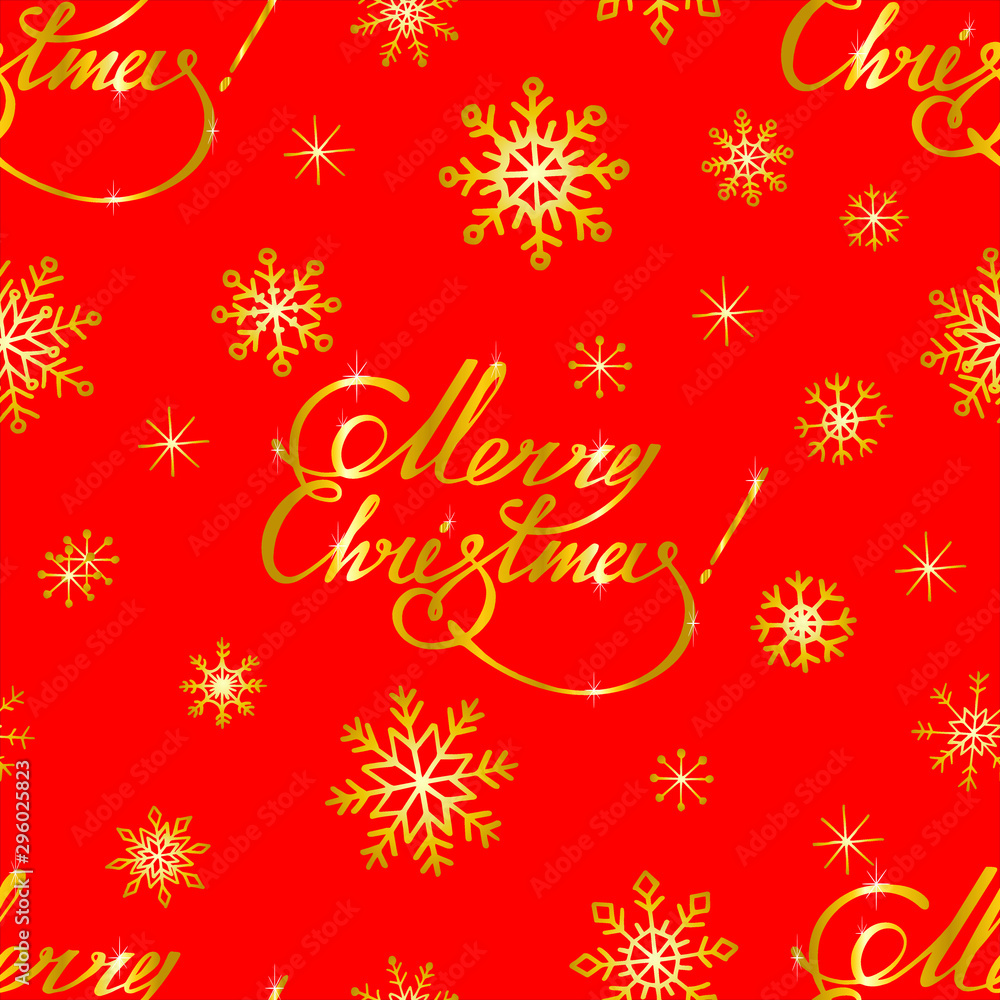 Vector seamless pattern with golden snowflakes and lettering 