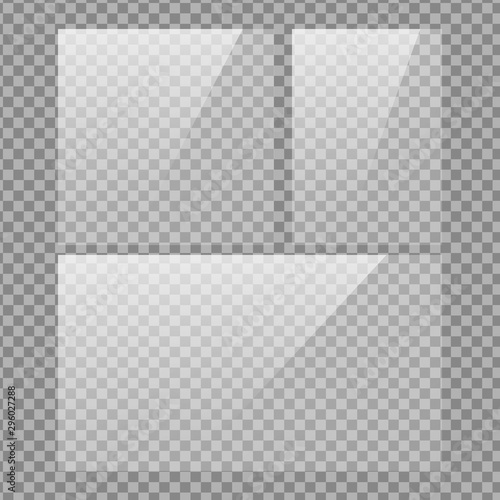 Square, vertical and 16x9 panel. Glass plate set on transparent background. Clear glass showcase. Realistic window mockup. Reflecting rectangle glass banner. Stock vector illustration