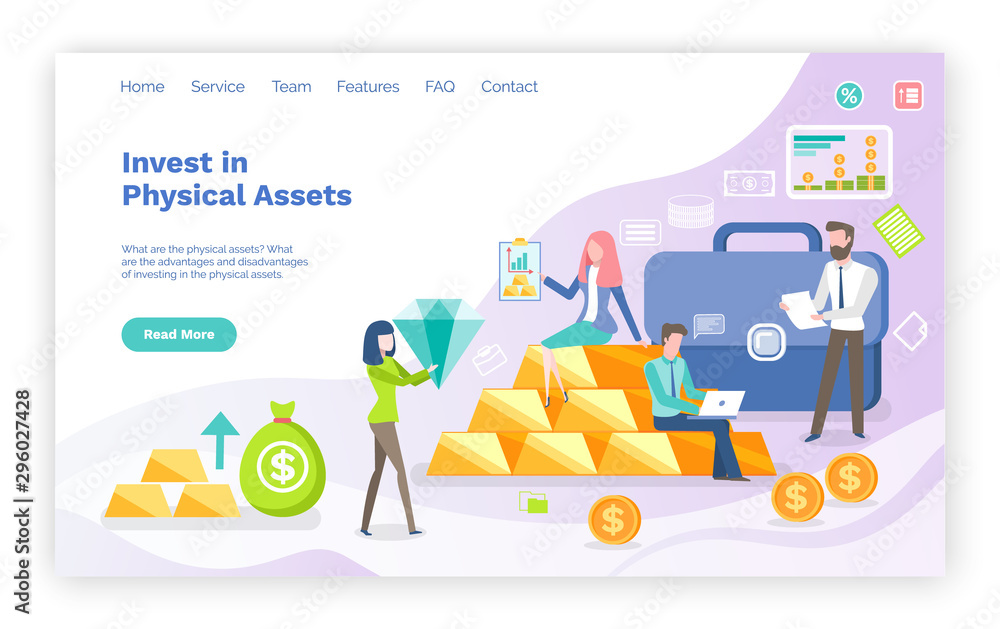 Investing in physical assets vector, woman holding diamond, precious stone and gold bars of investors. Man working on laptop looking at stats. Website or webpage template, landing page flat style