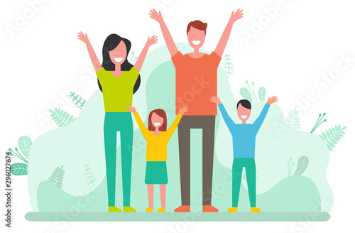 Happy people in casual clothes rise hands, smiling parents and children. Male and female standing with girl and boy, man and woman success. Vector illustration in flat cartoon style
