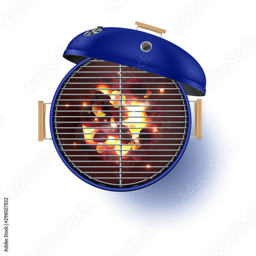 Round blue open barbecue grill top view realistic vector illustration.