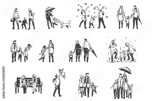 Autumn activities, people in demi-season clothes concept sketch. Hand drawn isolated vector