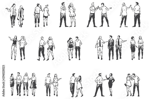 People communicating and walking outside concept sketch. Hand drawn isolated vector