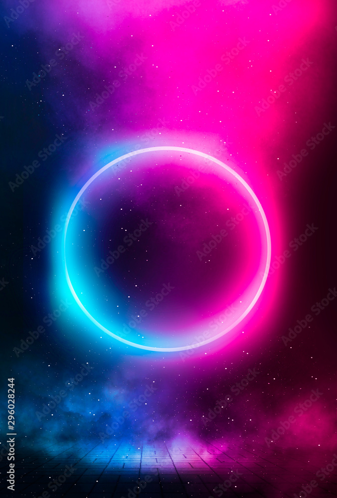 Obraz premium Neon circle on a dark street background, wet asphalt. Red and blue neon, smoke, smog. Night view of a street with neon. Abstract neon dark background.