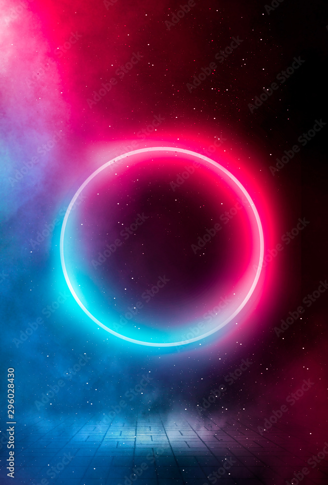 Neon circle on a dark street background, wet asphalt. Red and blue neon, smoke, smog. Night view of a street with neon. Abstract neon dark background. Neon circle on a dark street background, wet asphalt. Red and blue neon, smoke, smog. Night view of a street with neon. Abstract neon dark background.