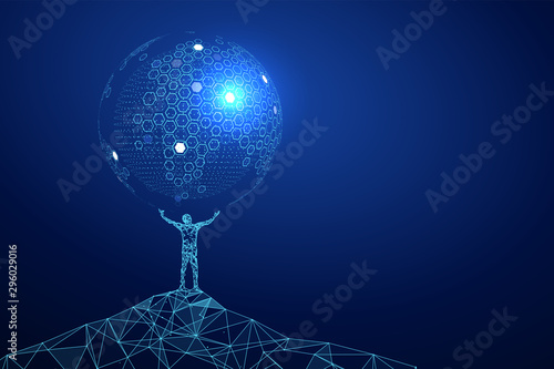 People standing on high hold up the whole world, vector illustration.