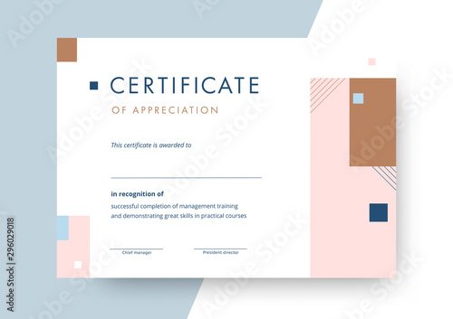 Certificate of appreciation template design. Elegant business diploma layout for training graduation or course completion. Vector background illustration.