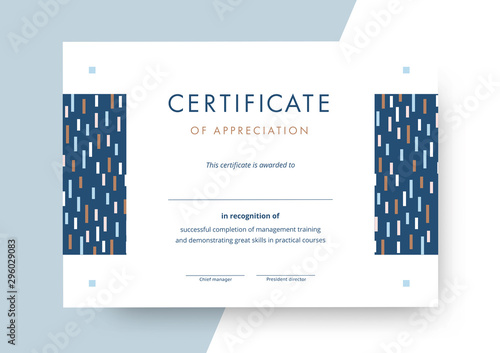 Certificate of appreciation template design. Elegant business diploma layout for training graduation or course completion. Vector background illustration.