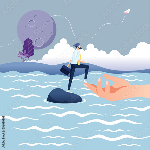 Helping hand concept-Big hand Assistance businessman is trapped on Island