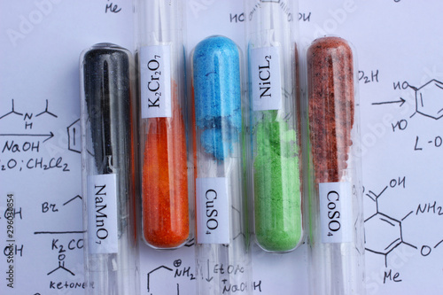 Inorganic chemistry. Colored inorganic salts in test tubes: sodium permanganate, potassium dichromate, copper sulfate, nickel chloride, cobalt sulfate. photo