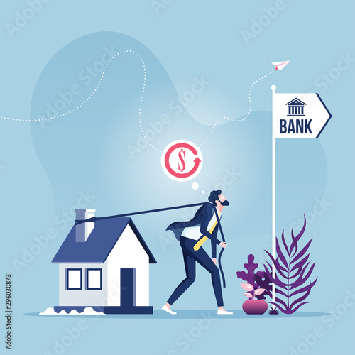 Mortgage Refinancing Loan-businessman dragging house to the bank.
