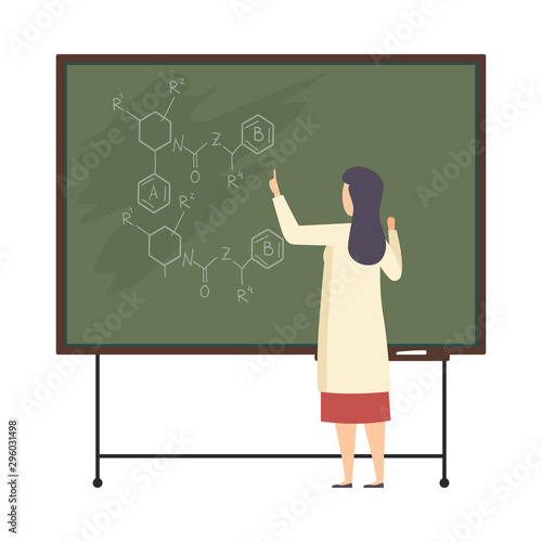 Woman paints chemical compounds on the blackboard vector illustration