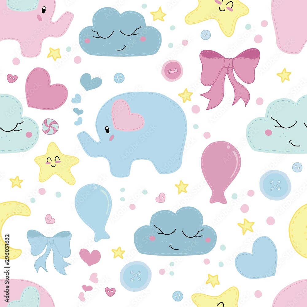 vector seamless pattern, cute children's embroidered with decorative stitching elephants, bows, balls, stars vector seamless pattern, cute children's embroidered with decorative stitching elephants, bows, balls, stars
