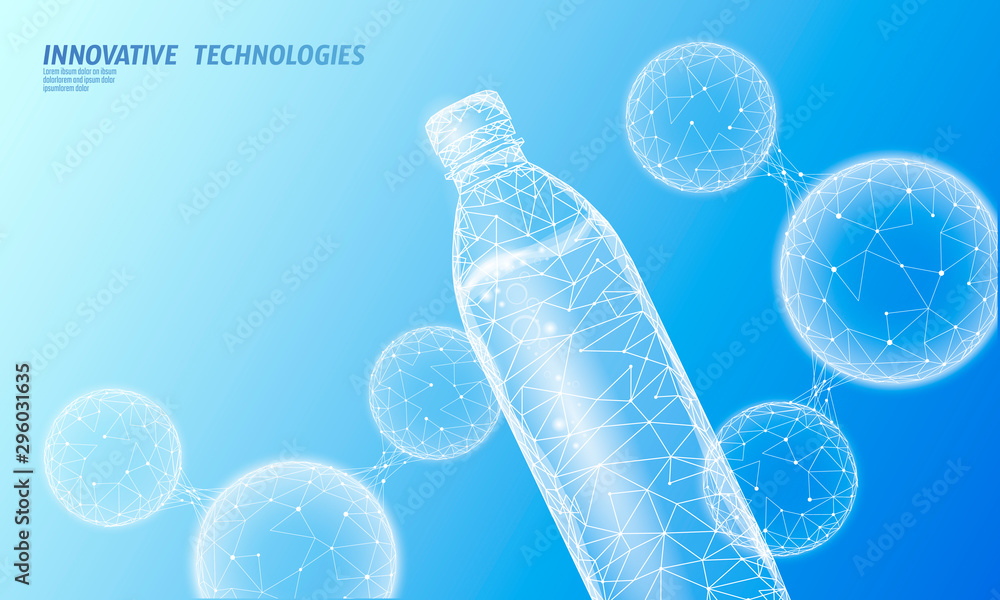 Fototapeta premium 3D water bottle polygonal banner. Aqua liquid package. Plastic transparent drink full beverage clean natural artesian drinking water. Low poly dark modern design vector illustration