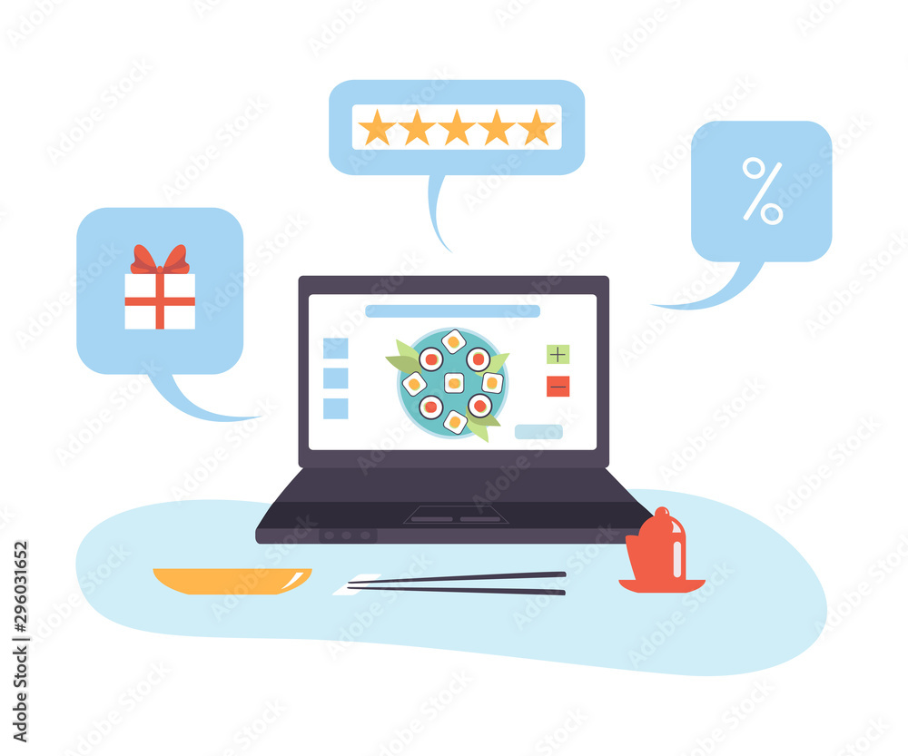 Online food store on a computer vector illustration