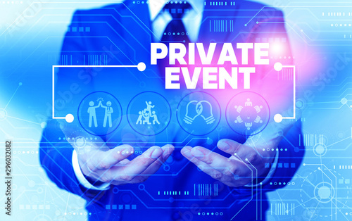 Word writing text Private Event. Business photo showcasing Exclusive Reservations RSVP Invitational Seated Male human wear formal work suit presenting presentation using smart device photo