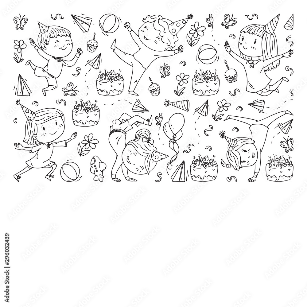 Vector illustration in cartoon style, active company of playful preschool kids jumping, at a party, birthday. Monochrome style in black and white color.