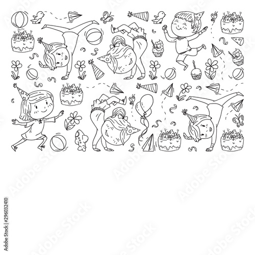 Fototapeta Naklejka Na Ścianę i Meble -  Vector illustration in cartoon style, active company of playful preschool kids jumping, at a party, birthday. Monochrome style in black and white color.