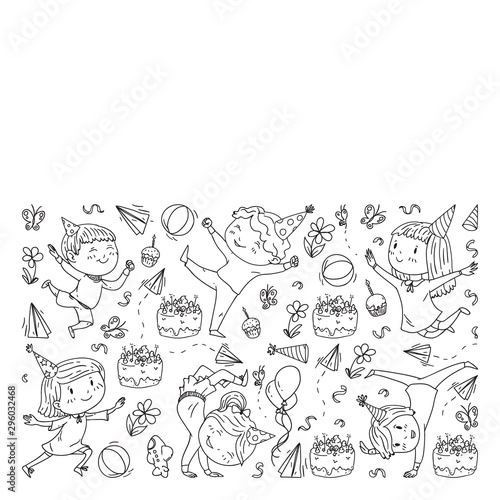 Vector illustration in cartoon style, active company of playful preschool kids jumping, at a party, birthday. Monochrome style in black and white color.