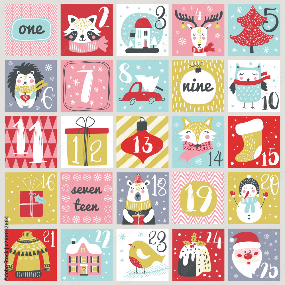 Christmas Advent calendar with hand drawn elements. Xmas Poster. Vector