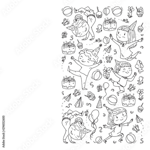 Vector illustration in cartoon style  active company of playful preschool kids jumping  at a party  birthday. Monochrome style in black and white color.