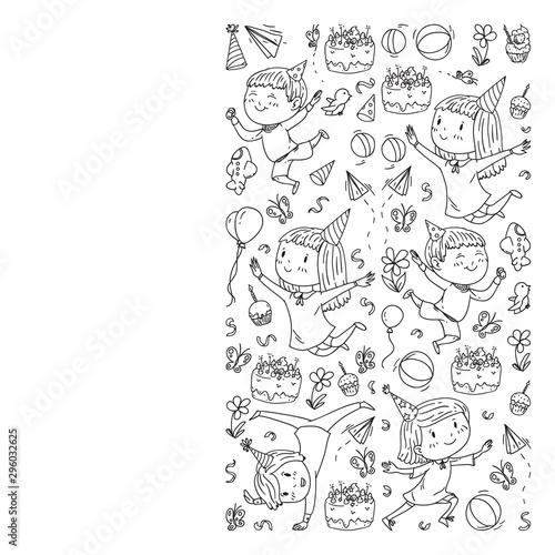 Vector illustration in cartoon style  active company of playful preschool kids jumping  at a party  birthday. Monochrome style in black and white color.
