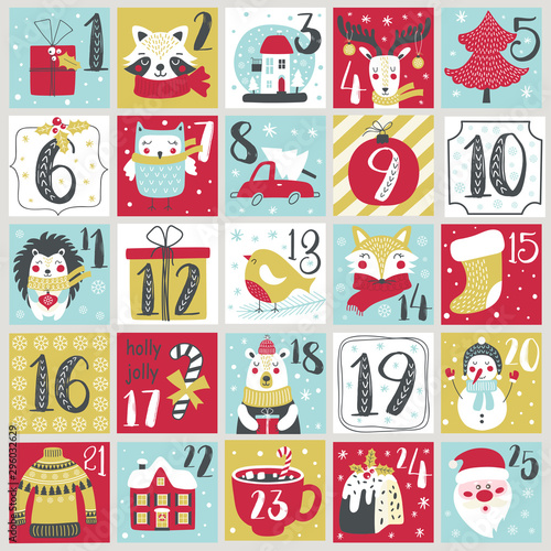 Christmas Advent calendar with hand drawn elements. Xmas Poster. Vector