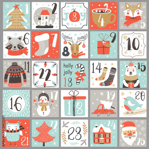 Christmas Advent calendar with hand drawn elements. Xmas Poster. Vector