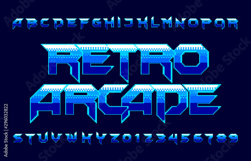 Retro Arcade alphabet font. Pixel gradient letters and numbers. 80s video game typescript.