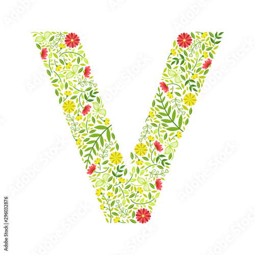 Capital Letter V, Green Floral Alphabet Element, Font Uppercase Letter Made of Leaves and Flowers Pattern Vector Illustration