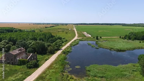 Drone shot of ruined manor. Belarus 