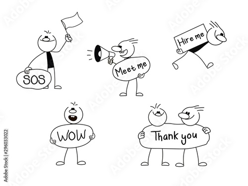 Speech bubbles icons set with people. Doodle cute miniature scenes of workers with chat clouds. Hand drawn cartoon vector illustration for social design.
