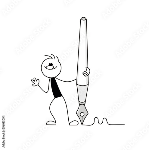 Doodle stick figure of man with fountain pen. Hand drawn cartoon vector illustration for business and school design.