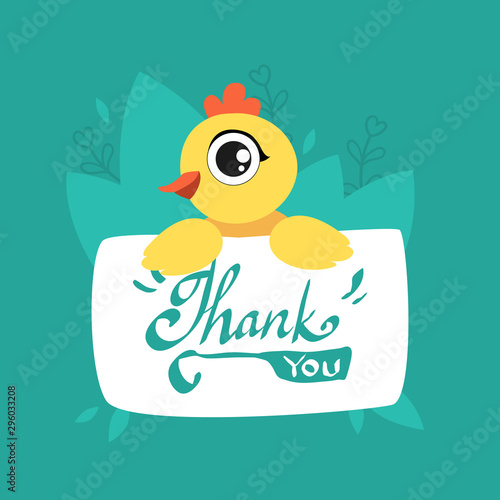 Cute Chicken Holding Card with Thank You Massage, Adorable Bird with Placard Vector Illustration
